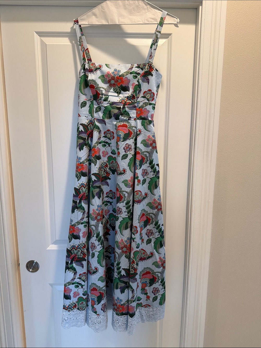 Hill House Floral Midi Sundress with Lace Hem - White/Green/Red